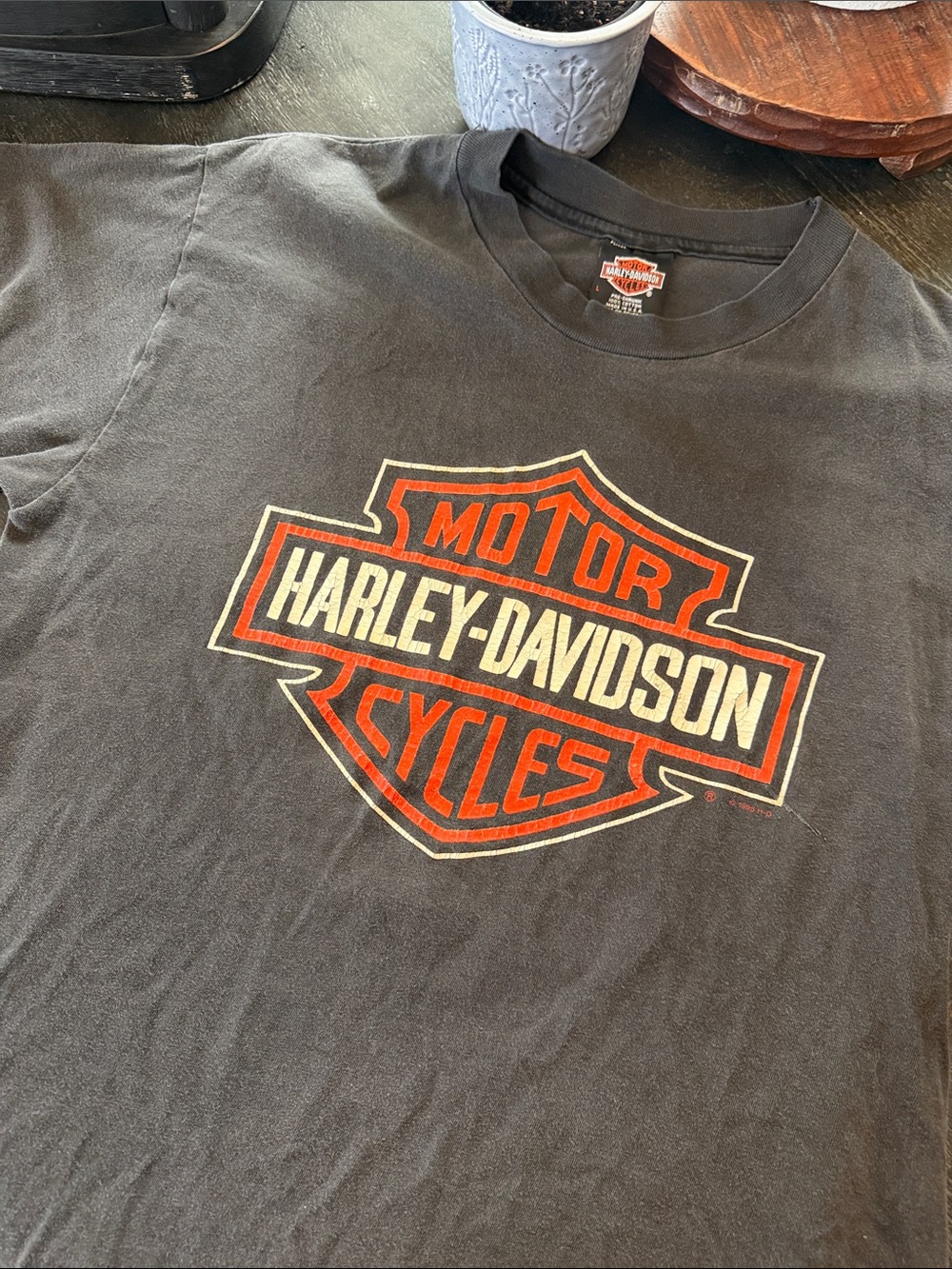 Harley-Davidson Black Short Sleeve Tee with Orange and Cream Shield Logo, , 1995